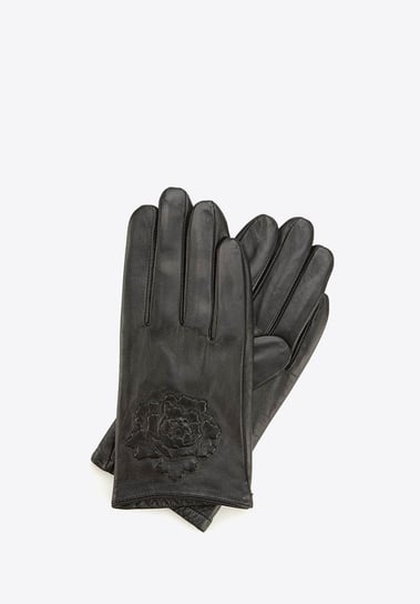 Damskie rękawiczki skórzane z wytłoczoną różą czarne M WITTCHEN