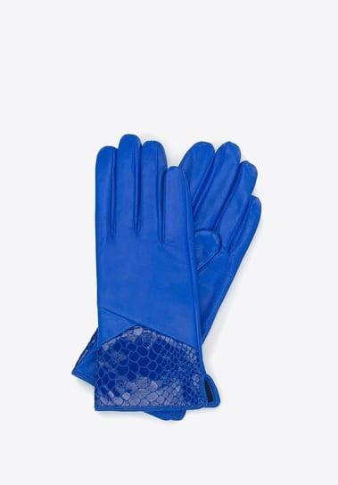 Damskie rękawiczki skórzane ze wstawką o fakturze egzotycznej skóry niebieskie L WITTCHEN