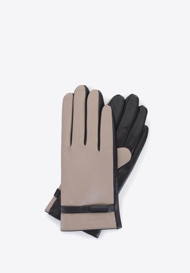 Damskie rękawiczki ze skóry z paskiem beżowo-czarne M WITTCHEN
