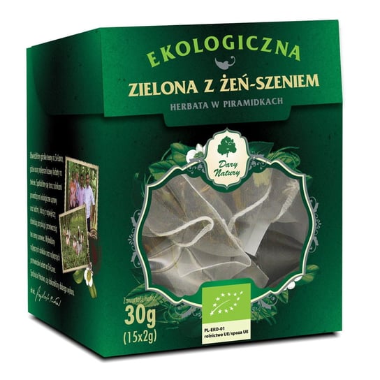 Dary Natury, Herbata zielona z żeń-szeniem piramidki bio, 15x2 g Dary Natury