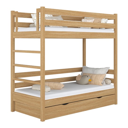 Dębowe łóżko piętrowe z szufladą N03 dąb naturalny 100x180 N-Wood