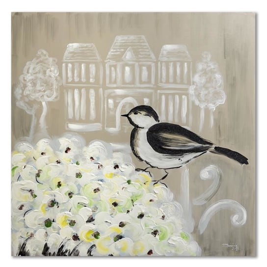 Deco Panel CARO Czarny ptak i białe kwiaty akwarela, 20x20 cm Feeby