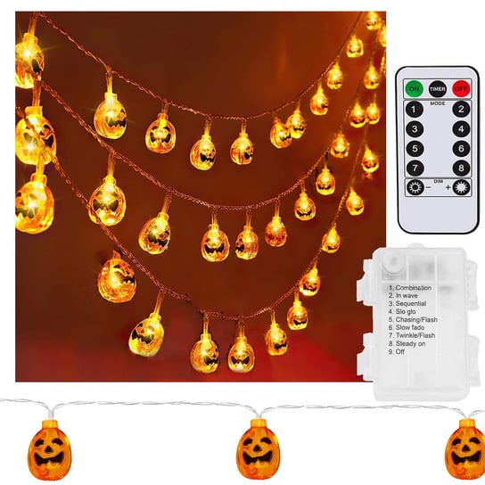 Dekoracja na Halloween łańcuch świetlny dynie girlanda na baterie i pilota 20 LED Springos