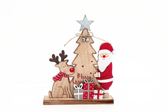 Dekoracja świąteczna, drewno, Mikołaj, renifer i choinka, 23,5 cm Sil