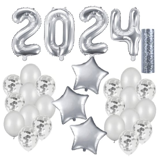 Dekoracja SYLWESTER 2024 - srebrny zestaw balonów dekoracji NOWY ROK OCHprosze