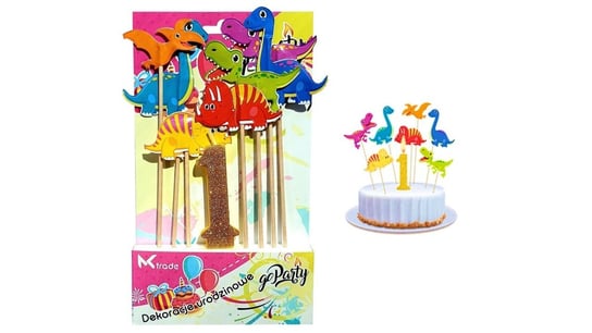 Dekoracja urodzinowa świeczka i dinozaury na piku 8szt. KIK