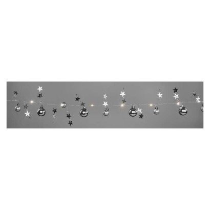 Dekoracje - 20 LED srebrne kule z gwiazdami 1,9 m, 2x AA, ciepła biel, IP20, timer Emos