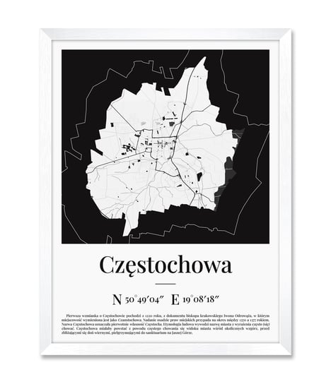 Dekoracyjne obrazy geograficzne na ścianę do przedpokoju na klatkę schodową mapa plan miasta Częstochowy Częstochowa biała rama 32x42 cm iWALL studio