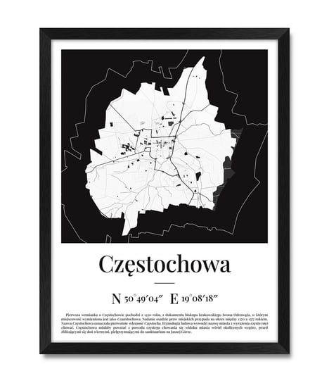 Dekoracyjne obrazy geograficzne na ścianę do przedpokoju na klatkę schodową mapa plan miasta Częstochowy Częstochowa czarna rama 32x42 cm iWALL studio