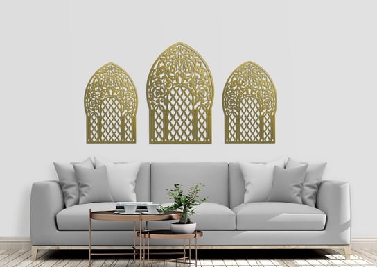 Dekoracyjny Panel Ażurowy, Okno Marokańskie, Dekoracja Ścienna 3D, Ornament, Tryptyk , Złoty ORNAMENTI