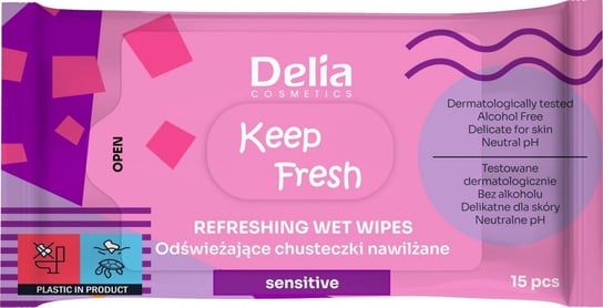 Delia, Keep Fresh, Chusteczki nawiliżane Senstitiv, 15 szt. Delia