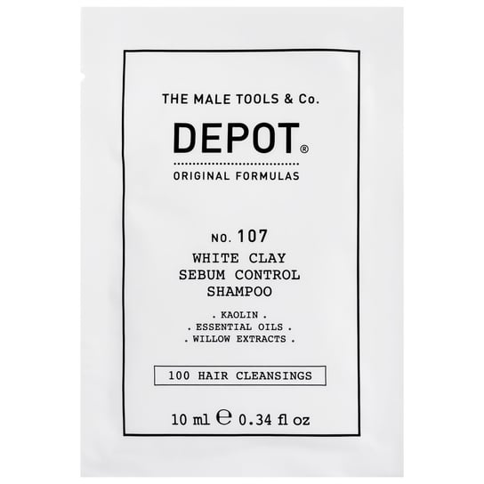 Depot, NO.107 White Clay Sebum Control, Szampon do włosów przetłuszczających się dla mężczyzn bez sls, delikatny, 10 ml Depot