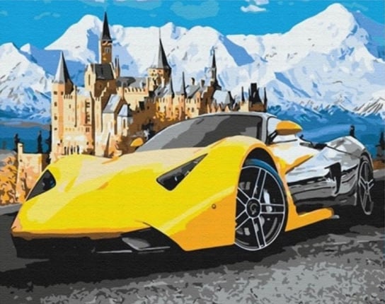 Diamentowa Mozaika Auto Sportowe Żółte Obok Zamku W Górach  30x40 Cm Norimpex