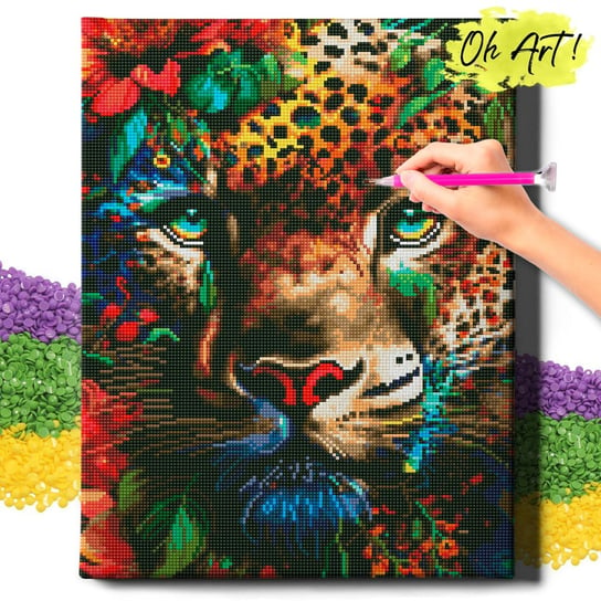DIAMOND PAINTING 5D z RAMĄ Jaguar Haft Diamentowy Duży Jaguar w kwiatach Mozaika 40x50 cm Oh Art!