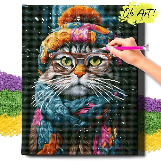 DIAMOND PAINTING 5D z RAMĄ Kot Haft Diamentowy Duży Kot w czapce Mozaika 40x50 cm Oh Art!