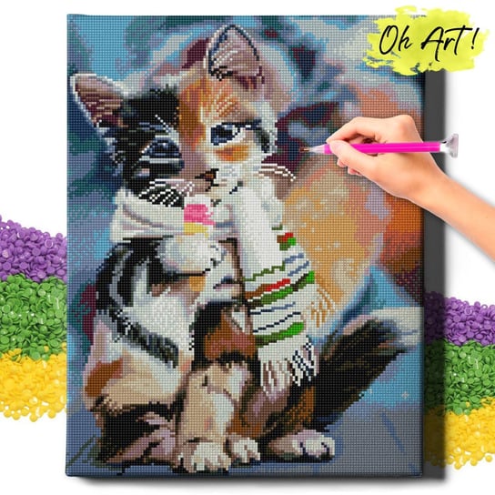DIAMOND PAINTING 5D z RAMĄ Kot Haft Diamentowy Duży Kotek w szaliku Mozaika 40x50 cm Oh Art!