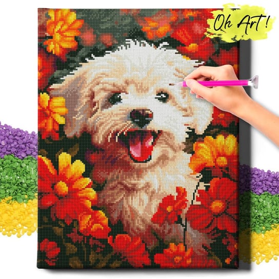 DIAMOND PAINTING 5D z RAMĄ Pies Haft Diamentowy Duży Szczeniak w kwiatach Mozaika 40x50 cm Oh Art!