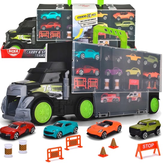 Dickie Toys, Ciężarówka Transporter Walizka na resoraki Laweta + autka  i akcesoria drogowe Dickie Toys