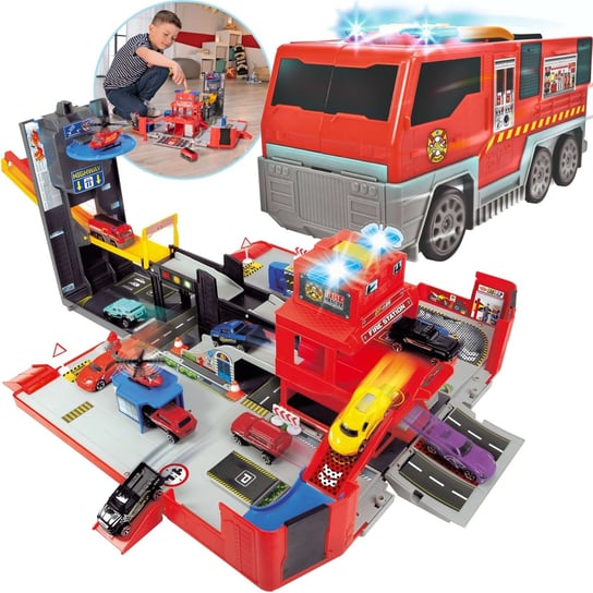 Dickie Toys, Zestaw Wóz strażacki rozkładany Transporter z parkingiem + pojazdy ratownicze Światło Dźwięk Dickie Toys