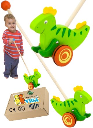 DINOZAUR na kółkach Z KIJEM do pchania zabawka na kiju dla 1 2 3 lat latka VIGA 18m+ zabawka montessori PakaNiemowlaka