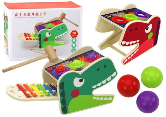 Dinozaur Wbijak Cymbałki 2w1 Drewniany Czerwony Lean Toys