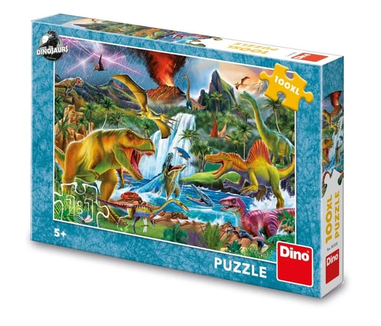 Dinozaury Puzzle 100 el. XL Walka dinozaurów obrazek o wymiarach 47x33 cm wiek dziecka 5+ wysoka jakość idealne na prezent Dino Toys