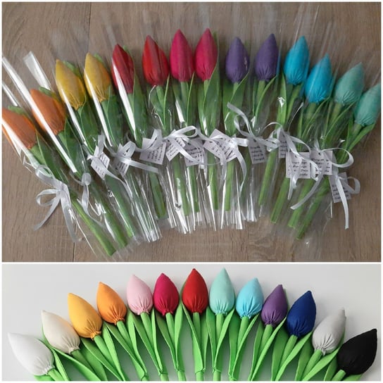 Dla Kochanej Babci tulipany z materiału ręcznie szyte 13 kolorów  bilecik, wstążeczka Inna marka
