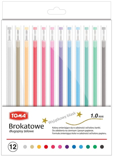 Długopisy żelowe brokatowe metalic, 12 kolorów Toma