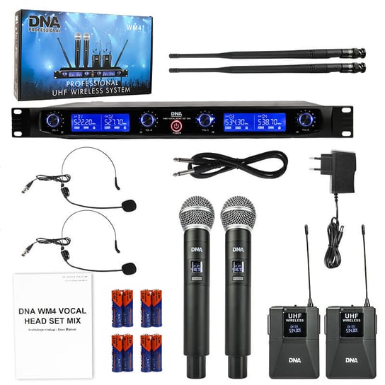 Dna Wm4 Vocal Head Set Mix Podwójny Zestaw System Nagłośnienia Mikrofon Bezprzewodowy 2X Nadajnik Doręczny 2X Nadajnik Nagłowny + Bodypack DNA