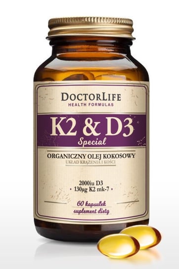 Doctor Life, K2 & D3 organiczny olej kokosowy 130ug K2 mk-7 & 2000 iu D3, Suplement diety, 60 kaps. Doctor Life
