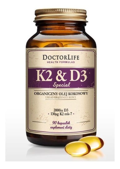 Doctor Life, K2 & D3 organiczny olej kokosowy 130ug K2 mk-7 & 2000 iu D3, Suplement diety, 90 kaps. Doctor Life