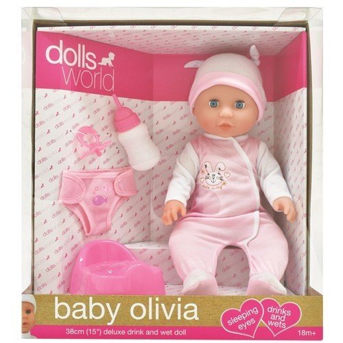 Dolls World, Lalka bobas Baby Olivia pijąca, sikająca 38 cm Dolls World