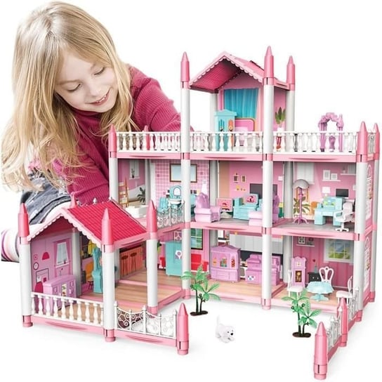 Domek dla lalek - 4 piętra, 11 pokoi, różowy zestaw do budowania, akcesoria i meble do domku dla lalek, prezent dla dziewczynek Inna producent