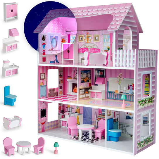 Domek dla lalek drewniany dla dzieci, trzy piętra, z meblami i oświetleniem, różowy, Ricokids Ricokids