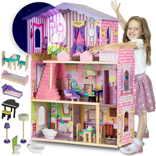 Domek dla lalek drewniany dla dzieci, z akcesoriami, meblami, widną, oświetleniem, różowy, Ricokids Ricokids