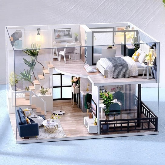 Domek dla Lalek Drewniany LED Piętrowy Retro Model do Złożenia DIY Meble Kidino