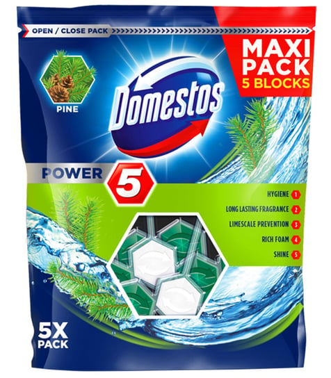 Domestos, Kostka zapachowa do toalet Power 5, Pine, 55 g, 5 szt. Unilever