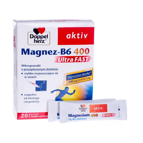 Doppelherz aktiv, Magnez-B6 Ultra FAST, suplement diety, 20 porcji o smaku cytrynowym Queisser Pharma