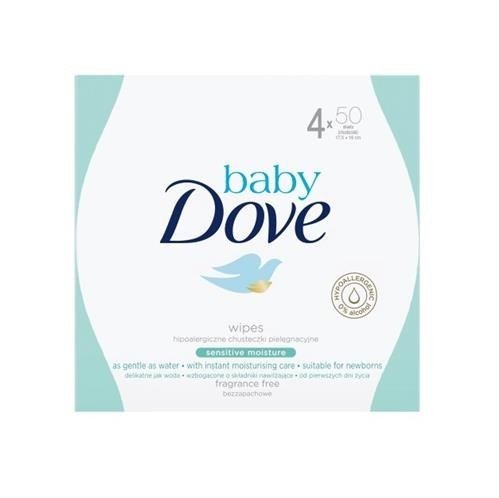 Dove, Baby Sensitive Moisture Wipes, Nawilżane chusteczki oczyszczające dla dzieci, 4x50 szt. Dove