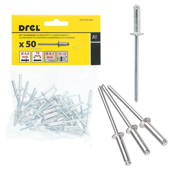DREL Nity aluminiowe 4,0x16 mm 50 szt do łączenia blach nitownica ...