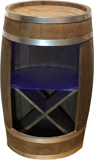 Drewniana beczka barek z póką szklaną, stojakiem na wino oraz oświetleniem LED RGB Inne