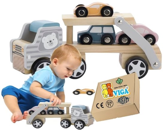 Drewniana Ciężarówka AUTKO LAWETA TIR samochodzik zabawka dla chłopca VIGA 24M+ monstessori PakaNiemowlaka