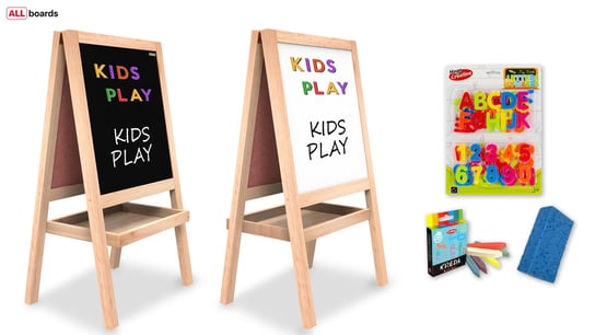 Drewniana dwustronna tablica kredowa magnetyczna 120 cm dla dziecka, solidna, grube ramy, składana półka, potykacz Allboards