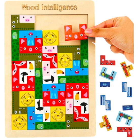 Drewniana gra logiczna Tetris "Wood Inteligence" - 4 wzory Pojazdy , Zawody , Zwierzęta , Owoce WKS