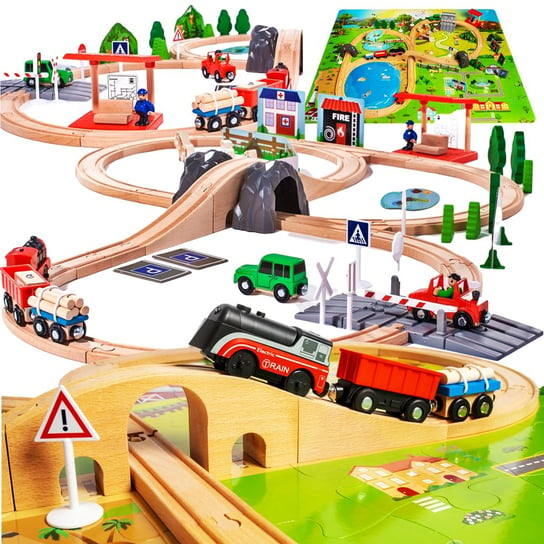 Drewniana kolejka elektryczna pociąg,  tory,  tunel, mata puzzle, droga i samochody - Maciuś podróżuje koleją. Doris