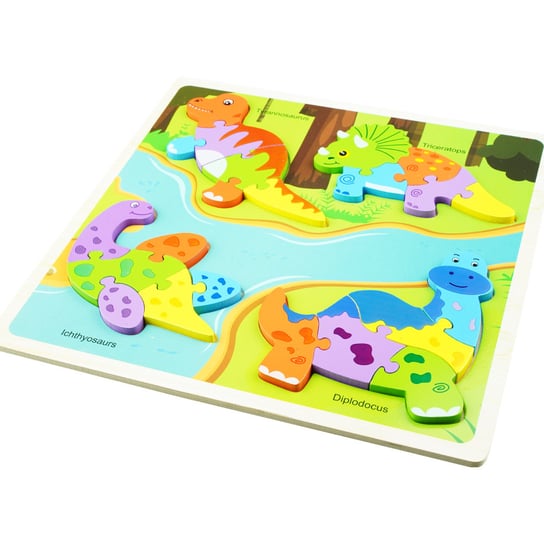 Drewniana kolorowa układanka puzzle dinozaury zestaw KinderSafe