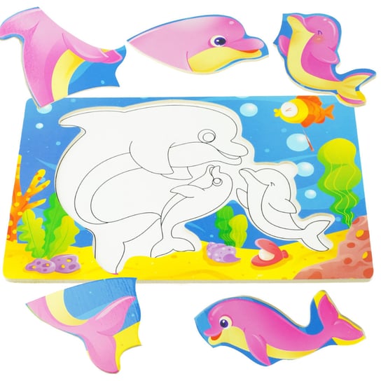 Drewniana kolorowa układanka puzzle do kolorowania delfin delfinki KinderSafe