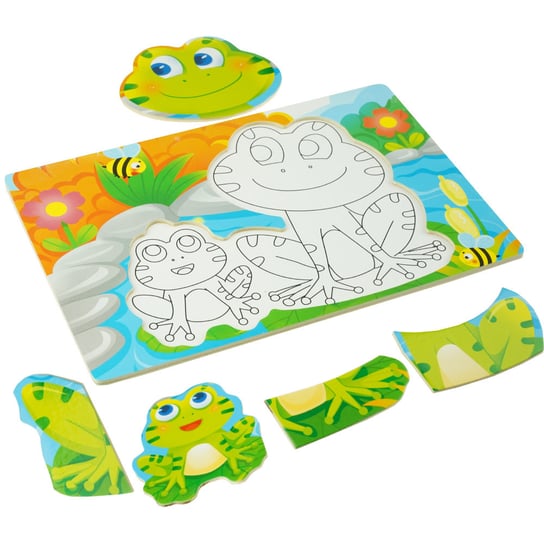 Drewniana kolorowa układanka puzzle do kolorowania żaba żabki KinderSafe