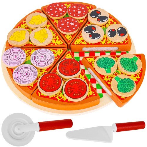 Drewniana Pizza do Krojenia dla Dzieci na Rzep + Nóż Rzepy Duża Dodatki Artemis