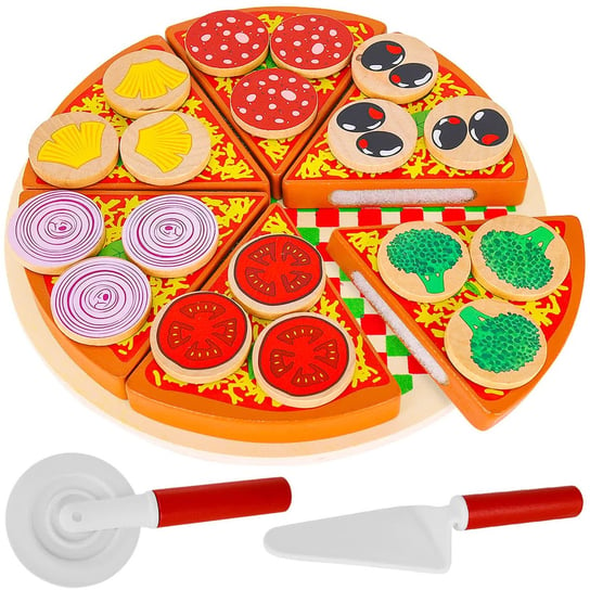 Drewniana Pizza do Krojenia dla Dzieci na Rzep + Nóż Rzepy Duża Dodatki KRUZZEL Kruzzel